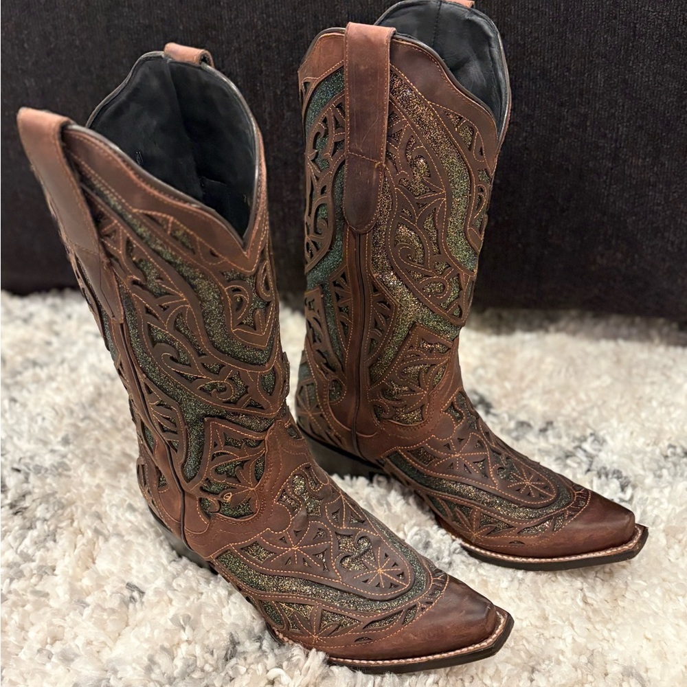 J.B. Dillon Glitter Inlay Western Leather Boots